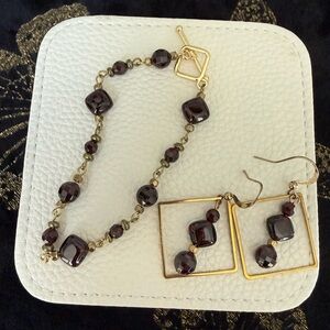 Handmade Gold and Red Garnet Beaded Bracelet and Earring Set